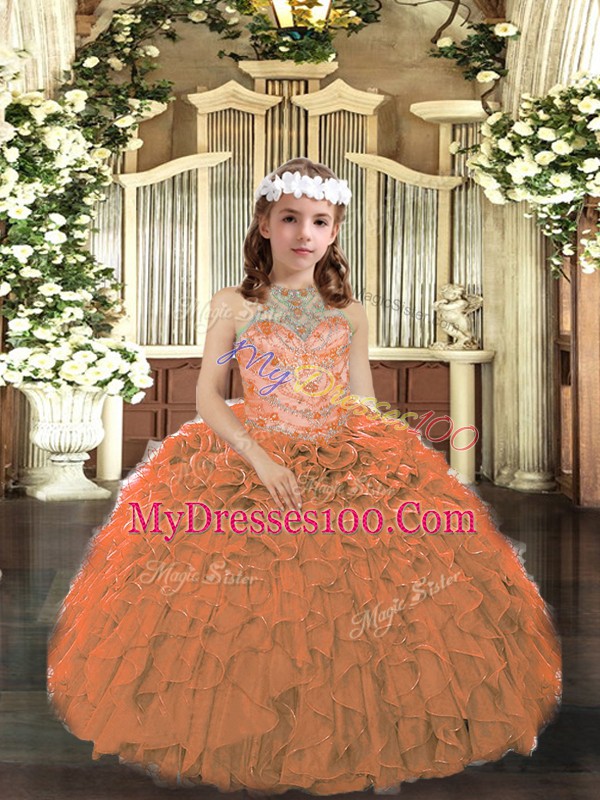 Orange Tulle Lace Up Kids Formal Wear Sleeveless Floor Length Beading and Ruffles