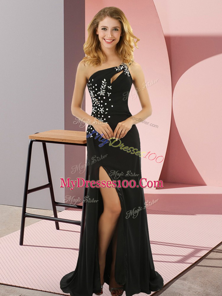 Designer Column/Sheath Sleeveless Black Prom Dresses Sweep Train Lace Up