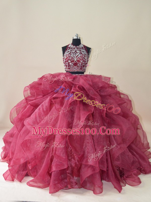 Perfect Beading and Ruffles Quinceanera Gown Burgundy Backless Sleeveless Brush Train