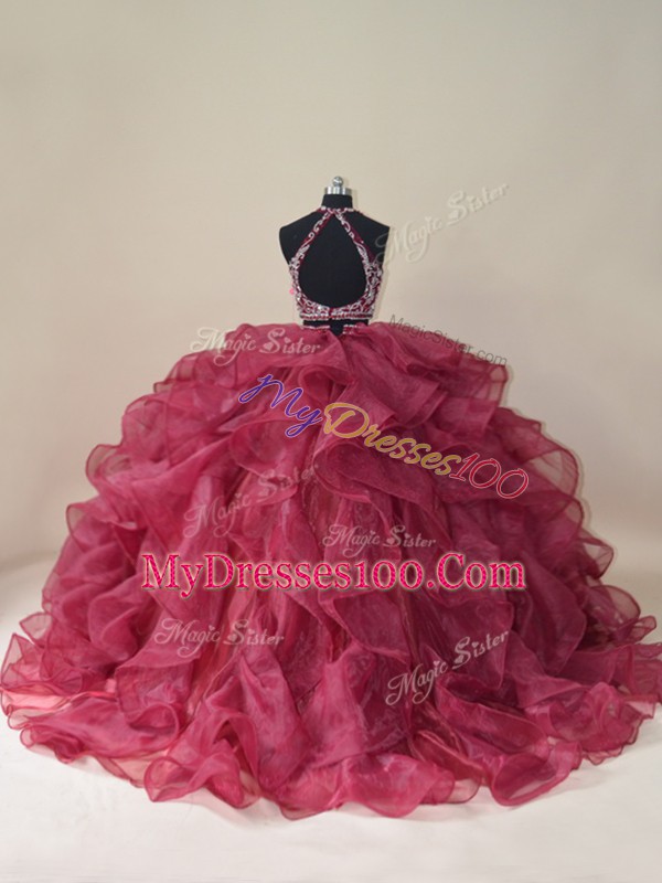 Perfect Beading and Ruffles Quinceanera Gown Burgundy Backless Sleeveless Brush Train