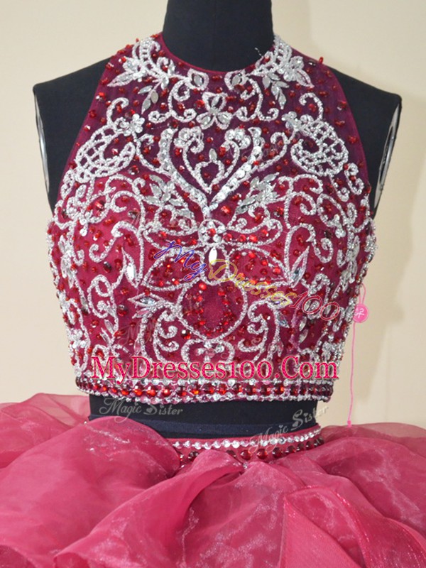 Perfect Beading and Ruffles Quinceanera Gown Burgundy Backless Sleeveless Brush Train