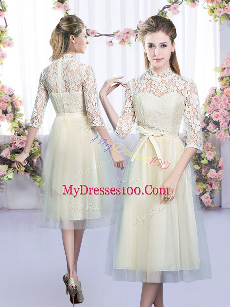 High-neck Half Sleeves Bridesmaid Dresses Tea Length Lace and Bowknot Champagne Tulle