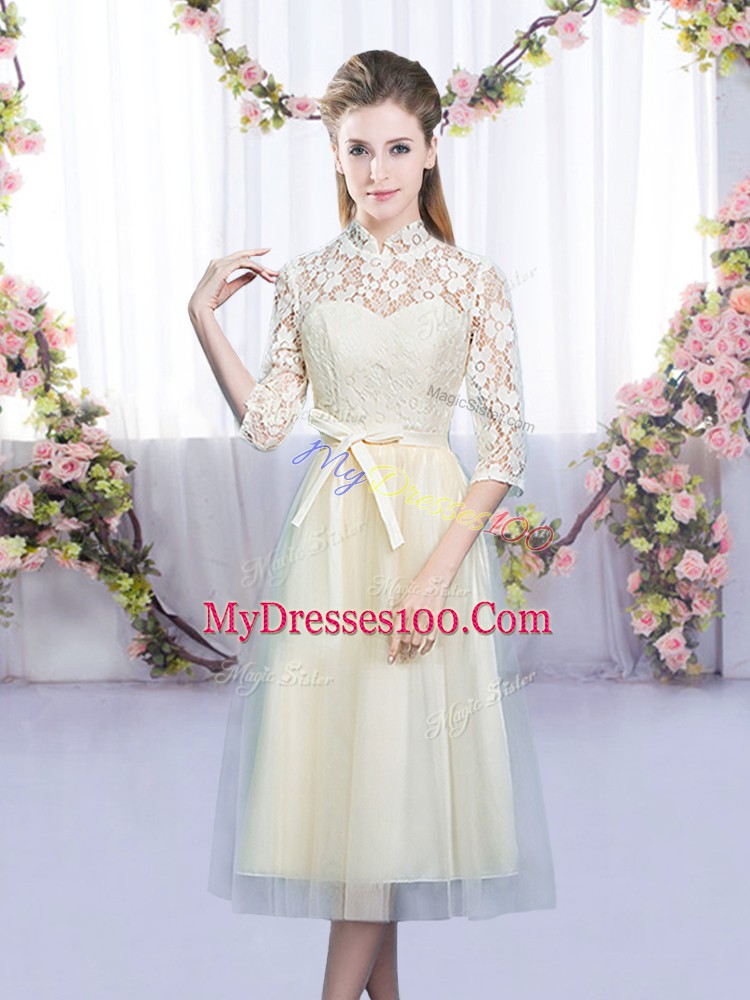 High-neck Half Sleeves Bridesmaid Dresses Tea Length Lace and Bowknot Champagne Tulle