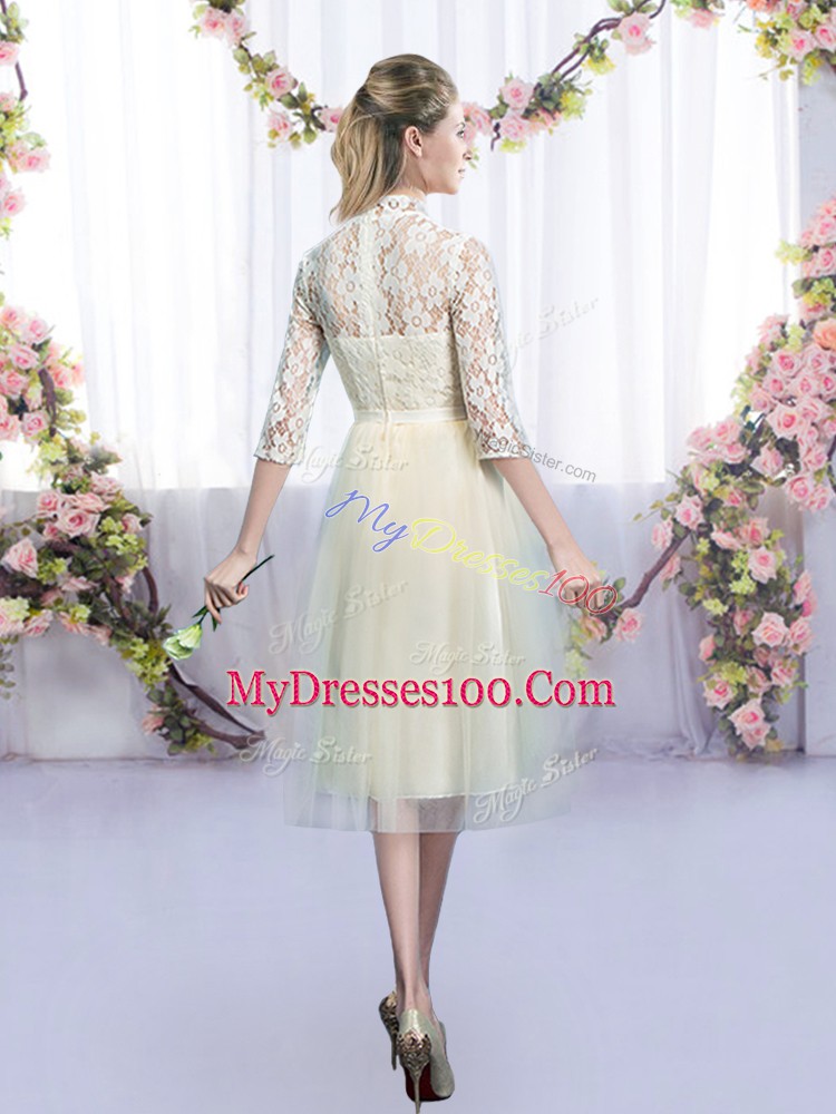 High-neck Half Sleeves Bridesmaid Dresses Tea Length Lace and Bowknot Champagne Tulle
