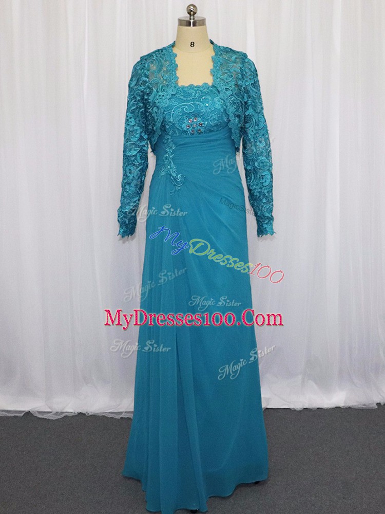 Classical Blue Column/Sheath Strapless Sleeveless Chiffon Floor Length Zipper Lace and Appliques Dress for Prom