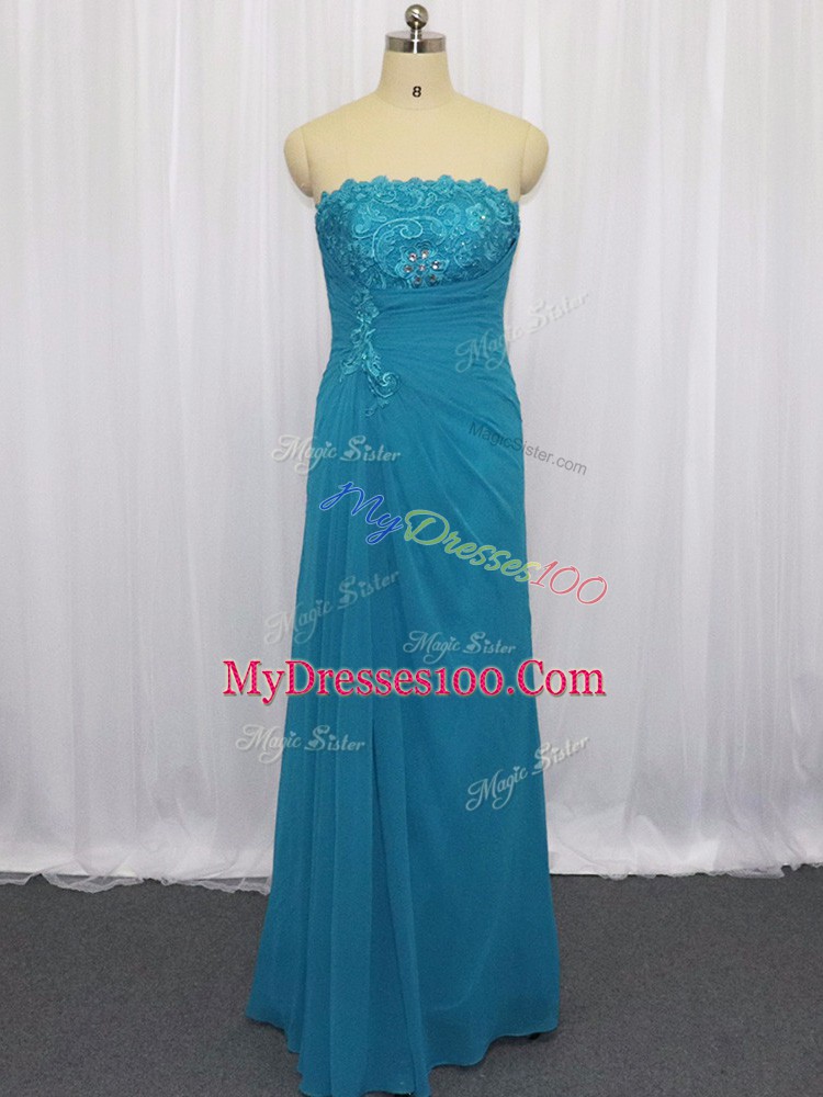 Classical Blue Column/Sheath Strapless Sleeveless Chiffon Floor Length Zipper Lace and Appliques Dress for Prom