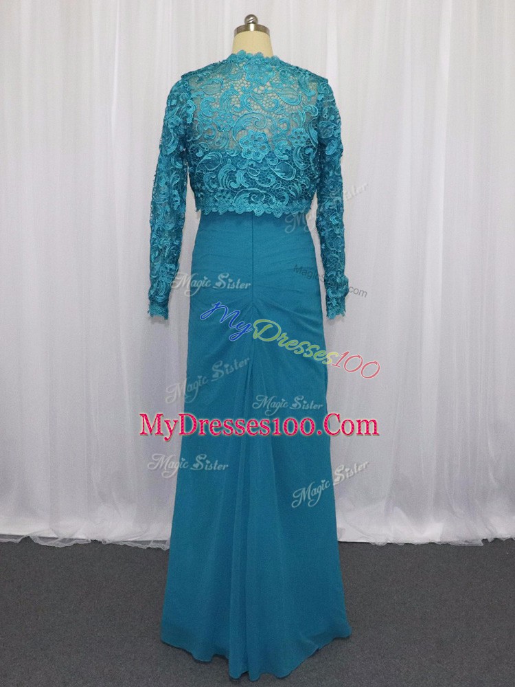 Classical Blue Column/Sheath Strapless Sleeveless Chiffon Floor Length Zipper Lace and Appliques Dress for Prom