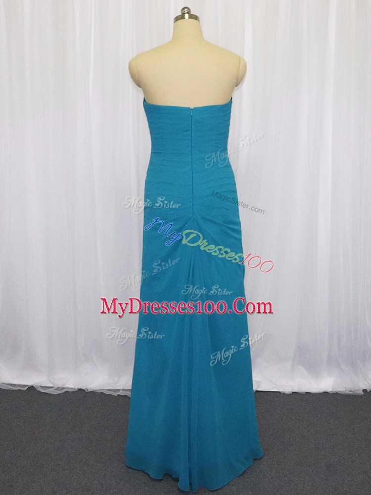 Classical Blue Column/Sheath Strapless Sleeveless Chiffon Floor Length Zipper Lace and Appliques Dress for Prom