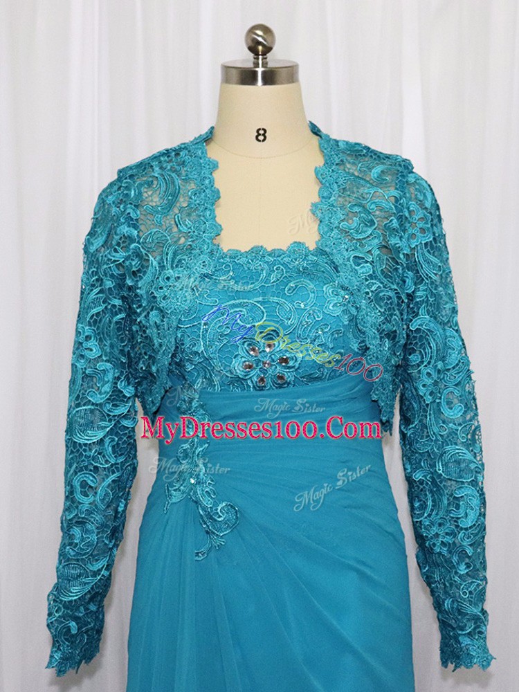Classical Blue Column/Sheath Strapless Sleeveless Chiffon Floor Length Zipper Lace and Appliques Dress for Prom