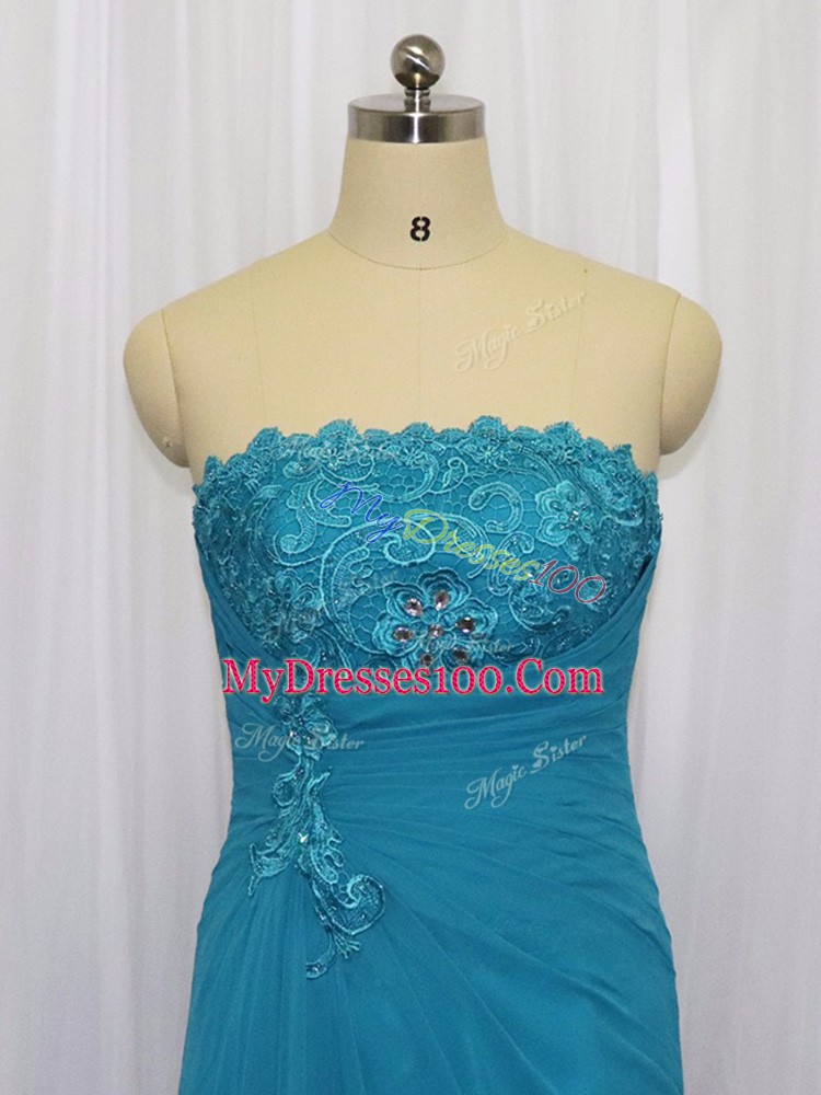 Classical Blue Column/Sheath Strapless Sleeveless Chiffon Floor Length Zipper Lace and Appliques Dress for Prom