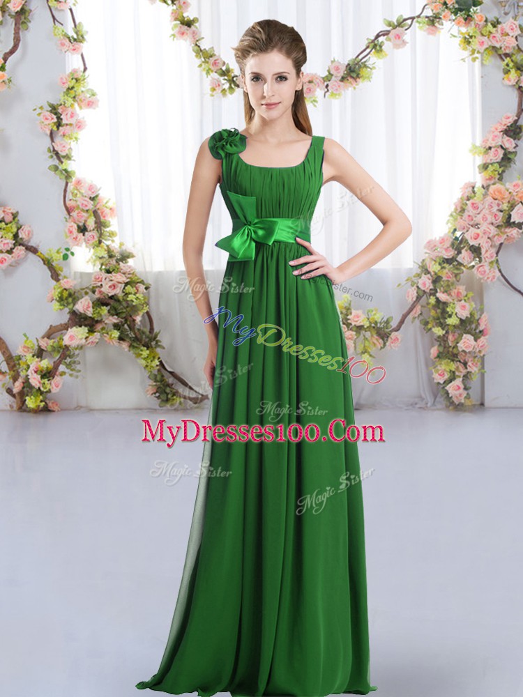 Dark Green Chiffon Zipper Straps Sleeveless Floor Length Dama Dress Belt and Hand Made Flower