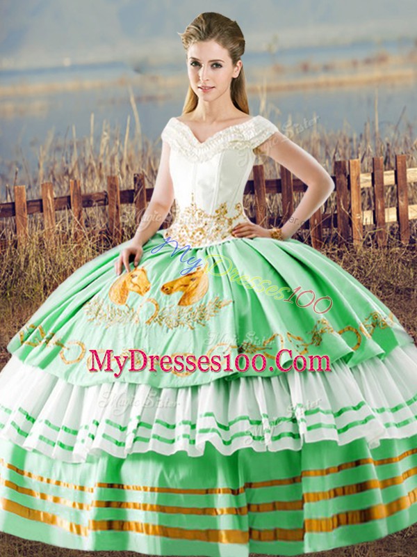V-neck Sleeveless Satin 15 Quinceanera Dress Embroidery and Ruffled Layers Lace Up
