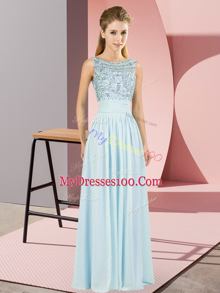 Light Blue Empire Beading Backless Chiffon Sleeveless Floor Length