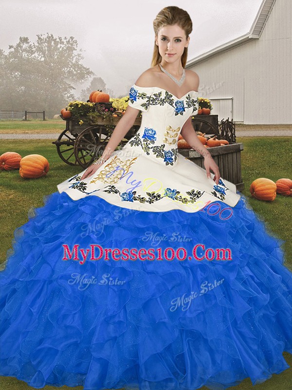 Floor Length Royal Blue 15 Quinceanera Dress Organza Sleeveless Embroidery and Ruffles