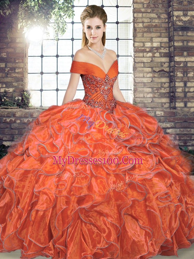 Affordable Orange Red Off The Shoulder Lace Up Beading and Ruffles Quinceanera Dresses Sleeveless