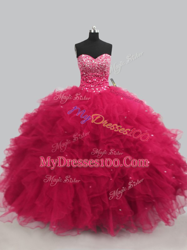 Hot Pink Ball Gowns Sweetheart Sleeveless Tulle Floor Length Lace Up Beading and Ruffles Quinceanera Gown