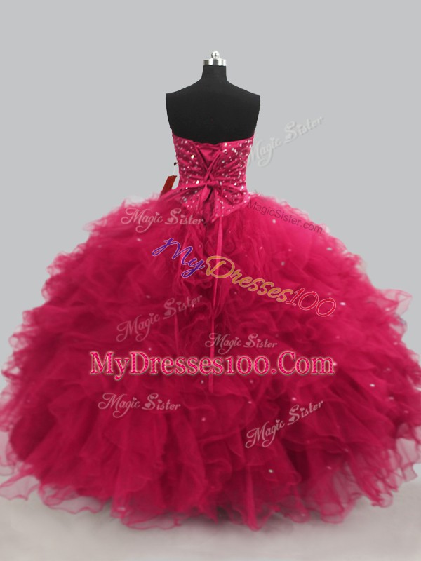 Hot Pink Ball Gowns Sweetheart Sleeveless Tulle Floor Length Lace Up Beading and Ruffles Quinceanera Gown