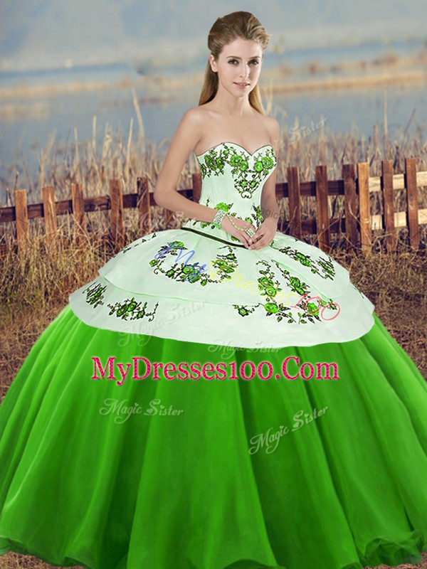 Green Sleeveless Floor Length Embroidery and Bowknot Lace Up Quinceanera Gown