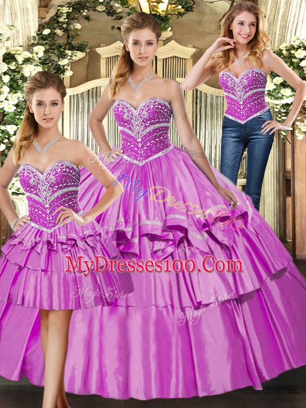 Floor Length Lilac Quinceanera Dress Satin Sleeveless Beading and Ruffled Layers