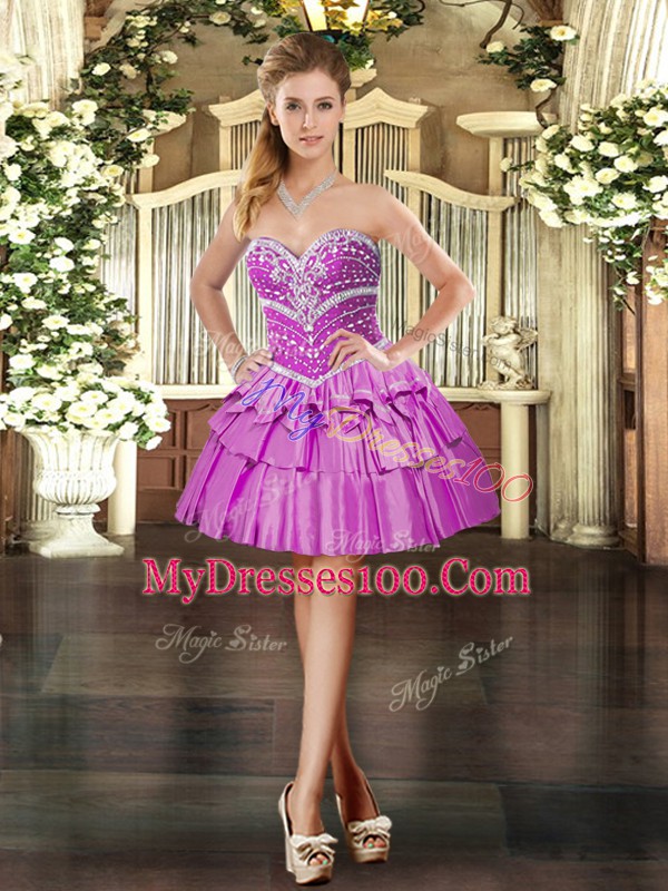 Floor Length Lilac Quinceanera Dress Satin Sleeveless Beading and Ruffled Layers