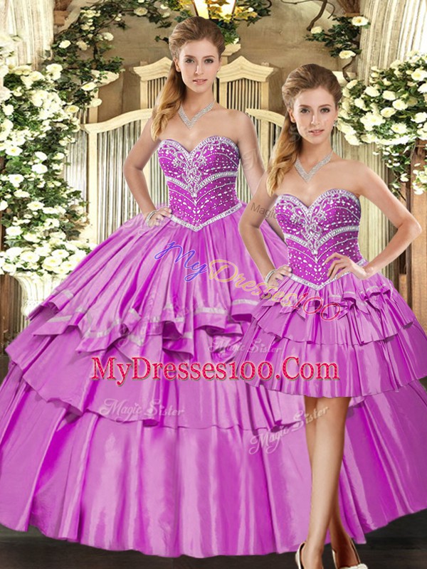 Floor Length Lilac Quinceanera Dress Satin Sleeveless Beading and Ruffled Layers