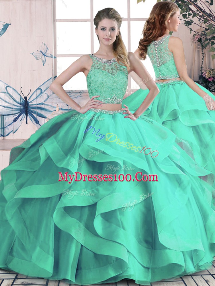 Turquoise Two Pieces Beading and Ruffles Quinceanera Dresses Lace Up Tulle Sleeveless Floor Length