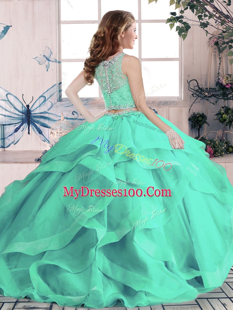 Turquoise Two Pieces Beading and Ruffles Quinceanera Dresses Lace Up Tulle Sleeveless Floor Length