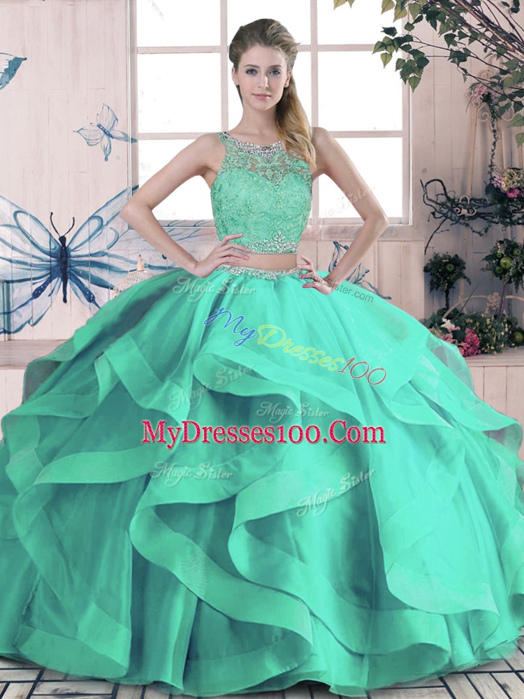 Turquoise Two Pieces Beading and Ruffles Quinceanera Dresses Lace Up Tulle Sleeveless Floor Length