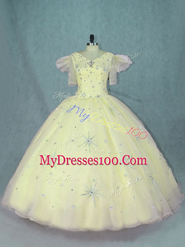 Ball Gowns Sweet 16 Dresses Yellow V-neck Organza Short Sleeves Floor Length Zipper