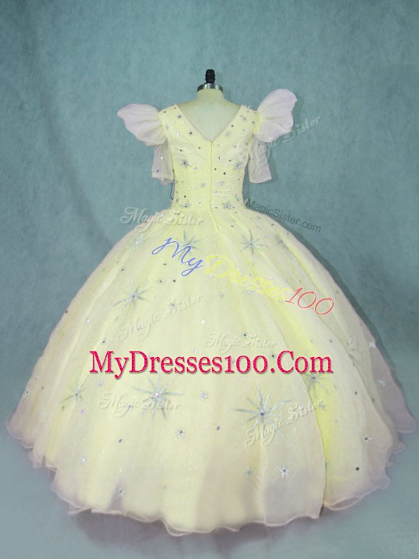 Ball Gowns Sweet 16 Dresses Yellow V-neck Organza Short Sleeves Floor Length Zipper