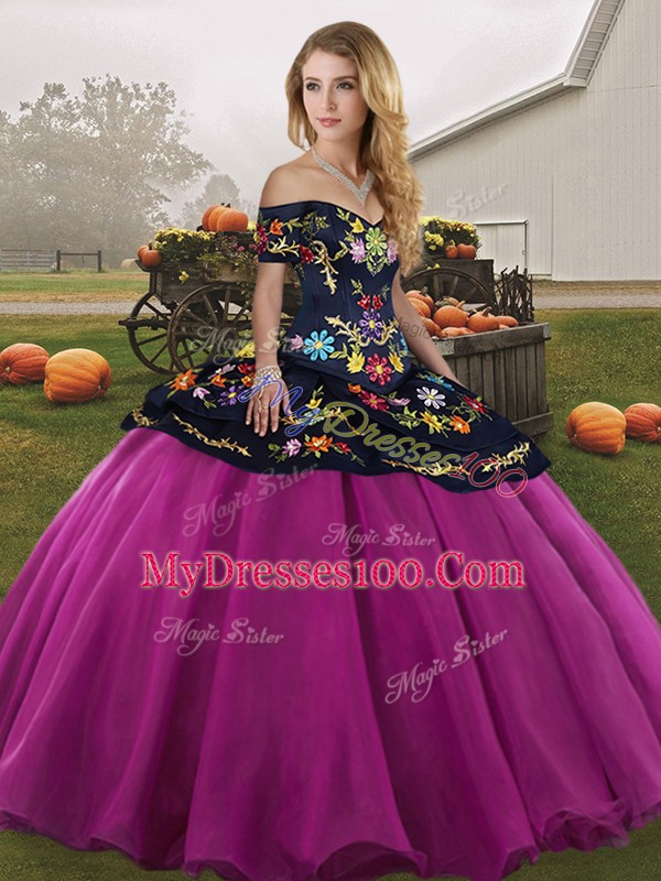Fuchsia Lace Up Sweet 16 Dresses Embroidery Sleeveless Floor Length