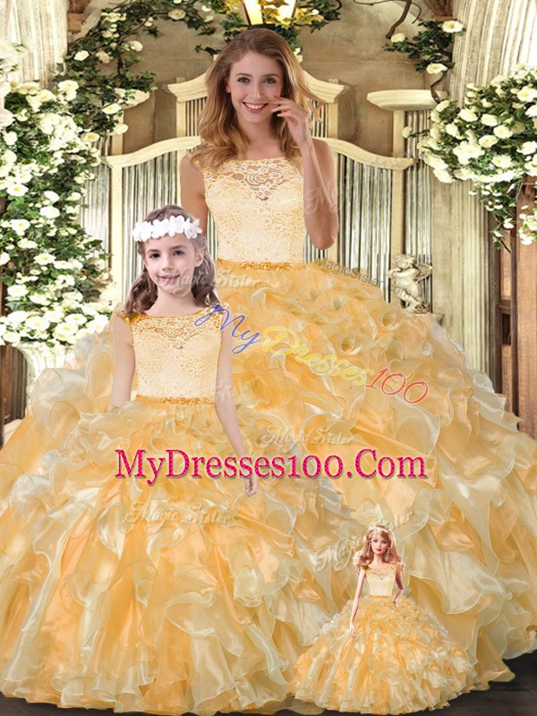 Colorful Gold Ball Gowns Organza Scoop Sleeveless Lace and Ruffles Floor Length Clasp Handle 15th Birthday Dress