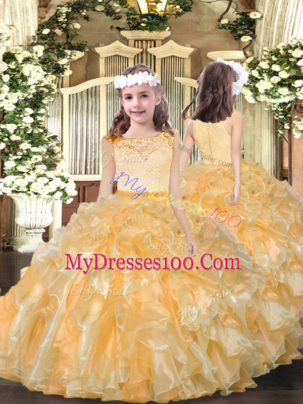 Colorful Gold Ball Gowns Organza Scoop Sleeveless Lace and Ruffles Floor Length Clasp Handle 15th Birthday Dress