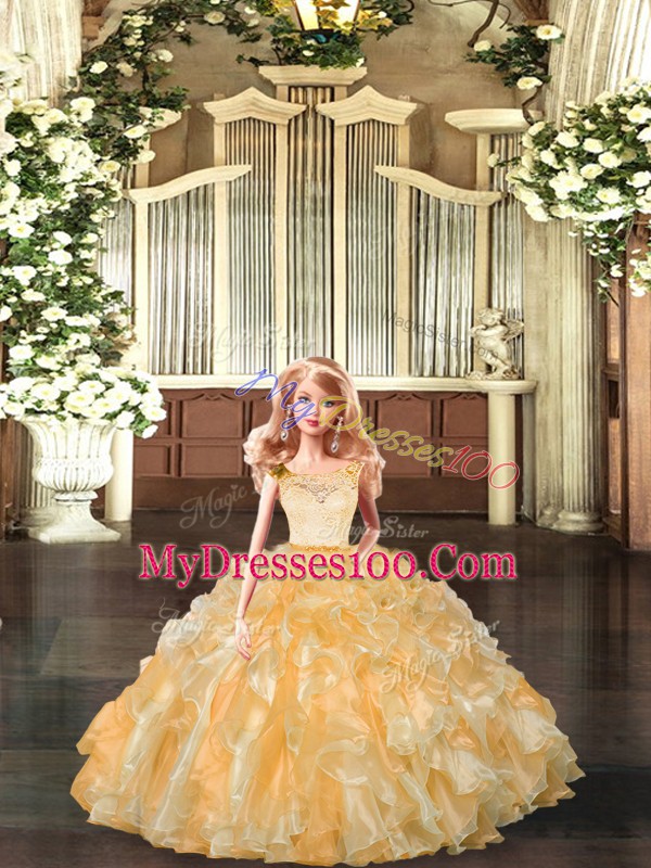 Colorful Gold Ball Gowns Organza Scoop Sleeveless Lace and Ruffles Floor Length Clasp Handle 15th Birthday Dress