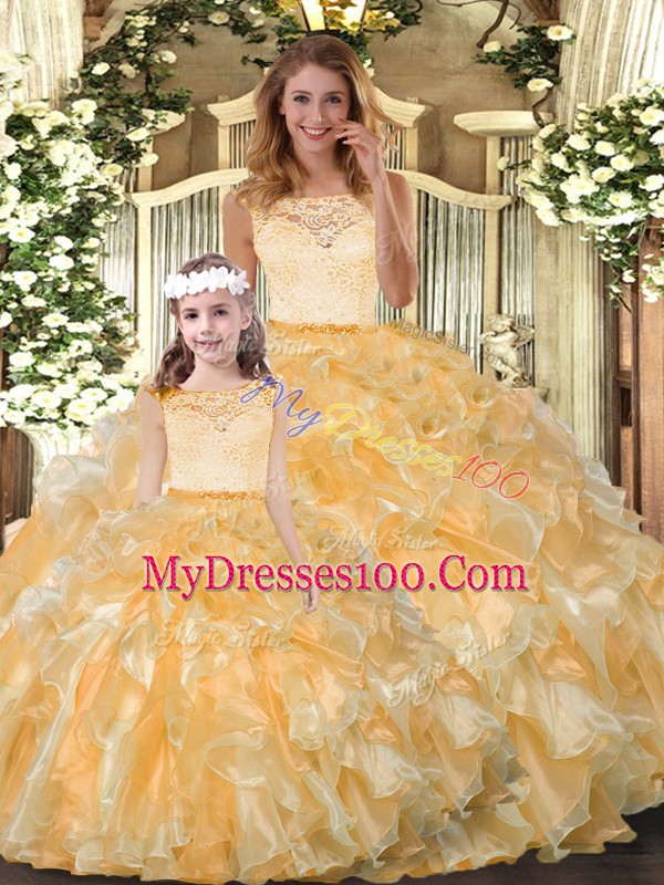 Colorful Gold Ball Gowns Organza Scoop Sleeveless Lace and Ruffles Floor Length Clasp Handle 15th Birthday Dress