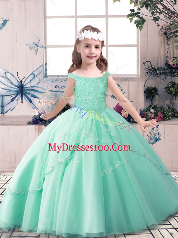 Green Ball Gowns Beading Pageant Dress for Girls Lace Up Tulle Sleeveless Floor Length
