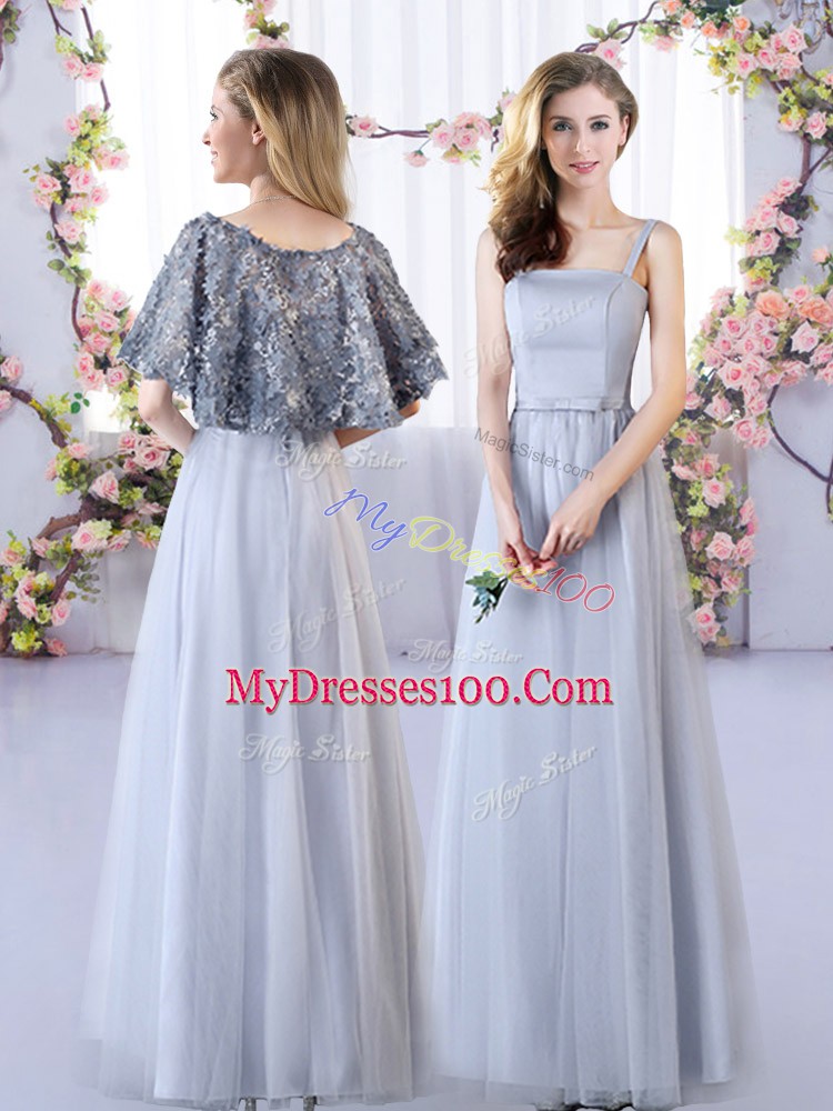 Excellent Sleeveless Floor Length Appliques Lace Up Quinceanera Court of Honor Dress with Grey