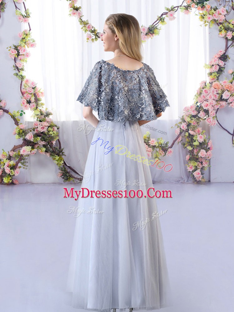 Excellent Sleeveless Floor Length Appliques Lace Up Quinceanera Court of Honor Dress with Grey
