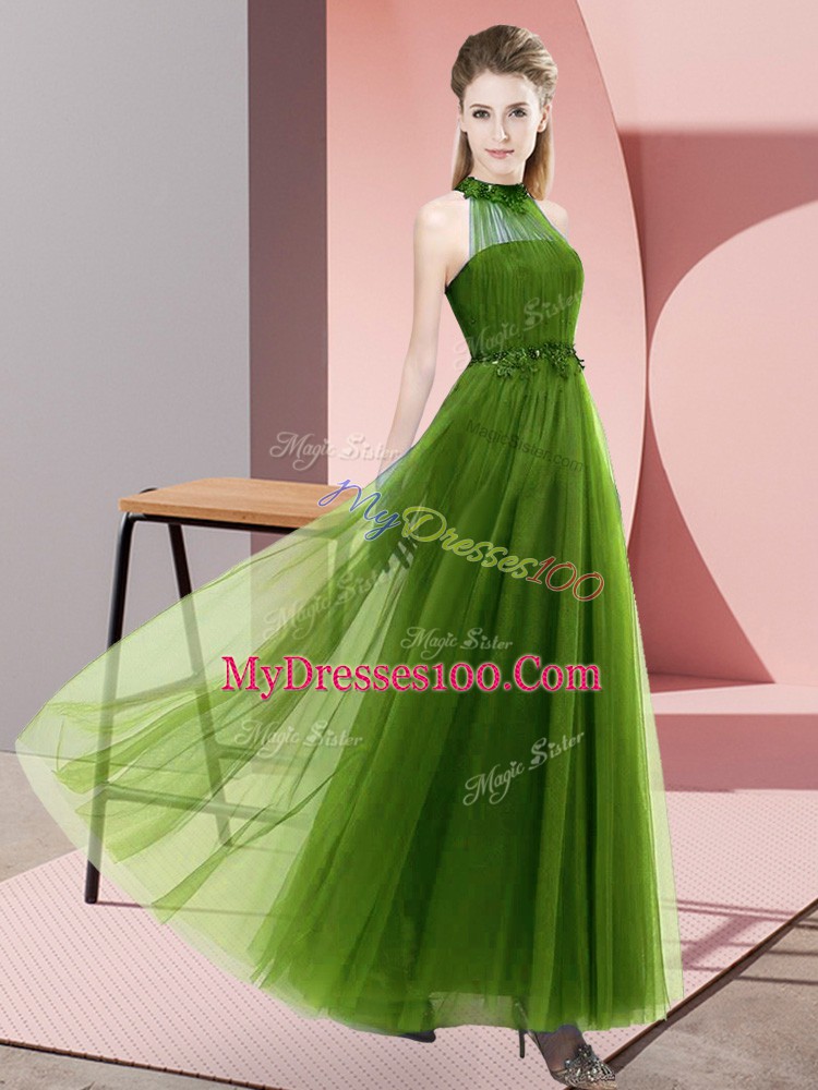 Olive Green Lace Up Halter Top Beading and Appliques Bridesmaid Dresses Tulle Sleeveless