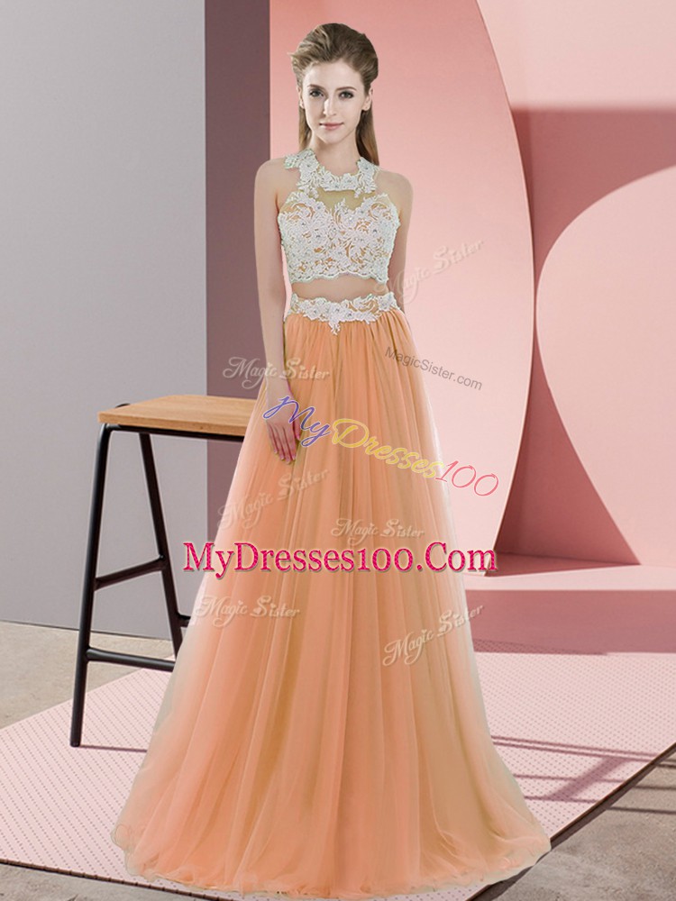 Orange Tulle Zipper Quinceanera Court Dresses Sleeveless Floor Length Lace