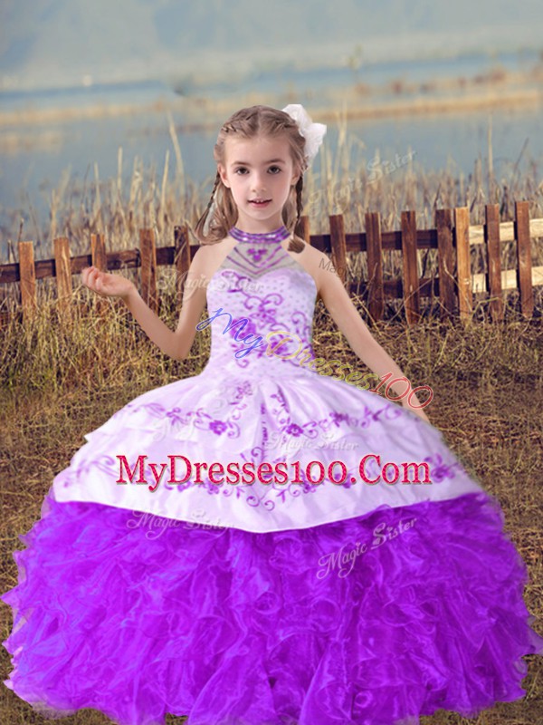 Lavender Halter Top Lace Up Beading and Embroidery and Ruffles Little Girls Pageant Dress Sleeveless