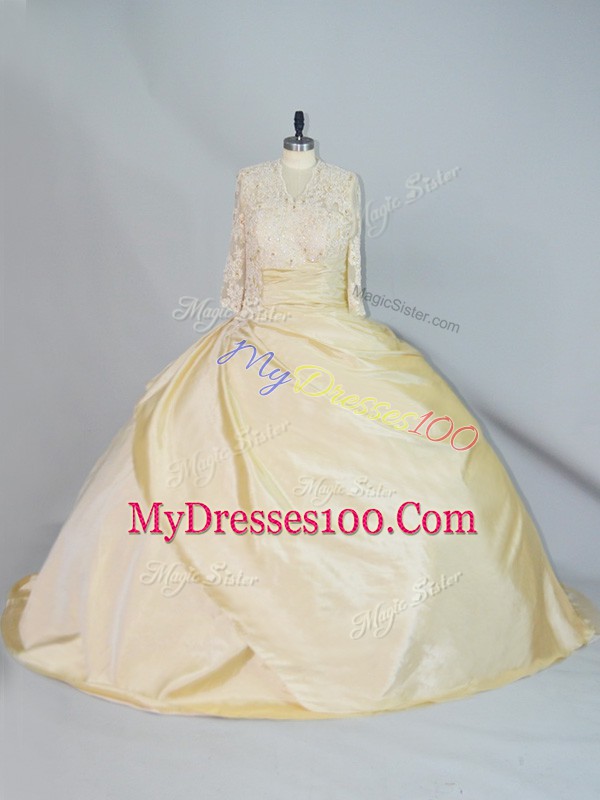 Long Sleeves Lace Lace Up Ball Gown Prom Dress with Yellow Brush Train