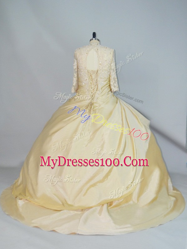 Long Sleeves Lace Lace Up Ball Gown Prom Dress with Yellow Brush Train