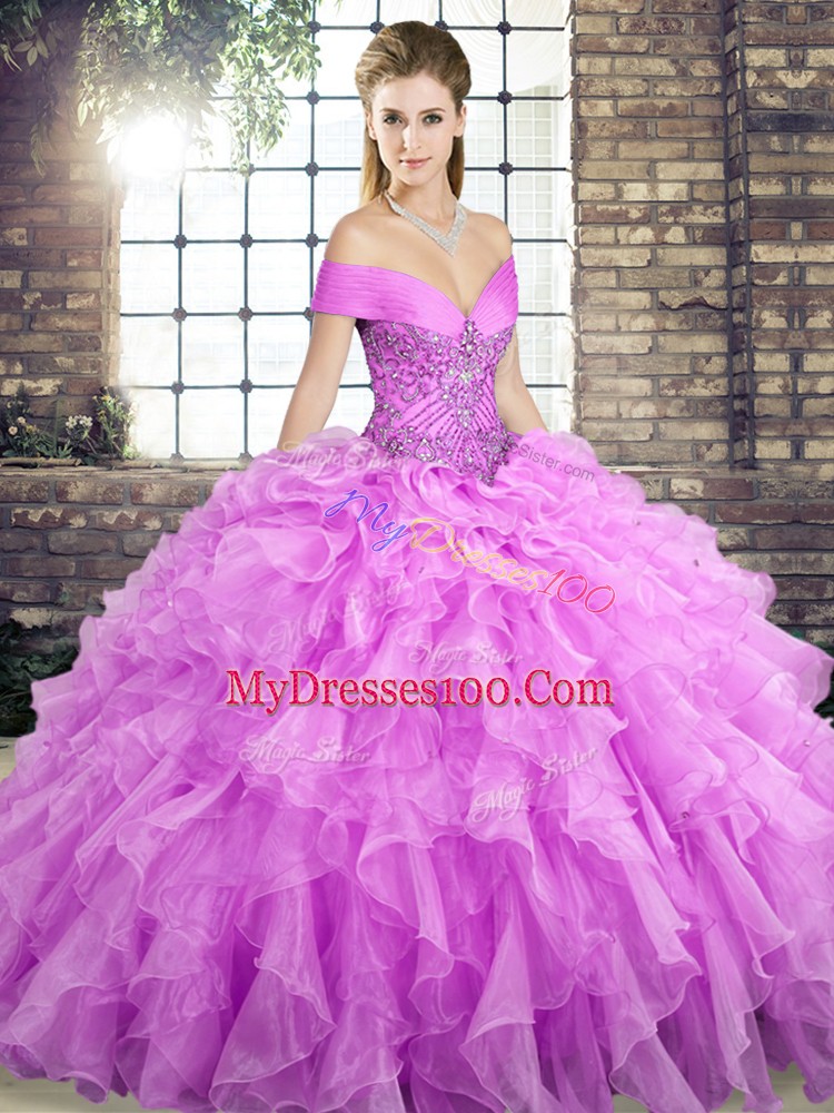 Amazing Organza Off The Shoulder Sleeveless Brush Train Lace Up Beading and Ruffles Vestidos de Quinceanera in Lilac