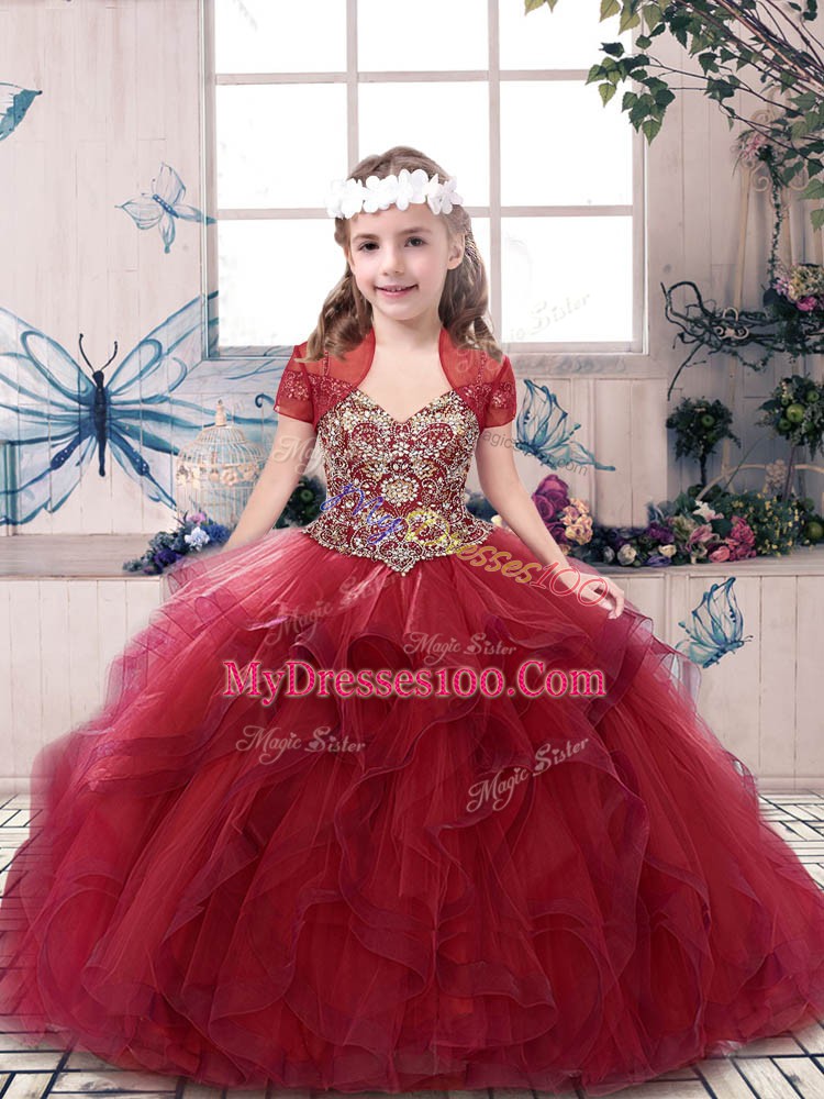 Cute Red Kids Pageant Dress Party and Sweet 16 and Wedding Party with Beading Straps Sleeveless Lace Up