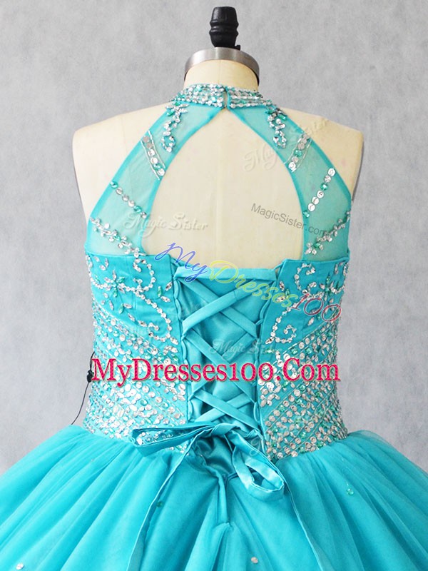 Halter Top Sleeveless Quinceanera Dresses Brush Train Beading Aqua Blue Tulle