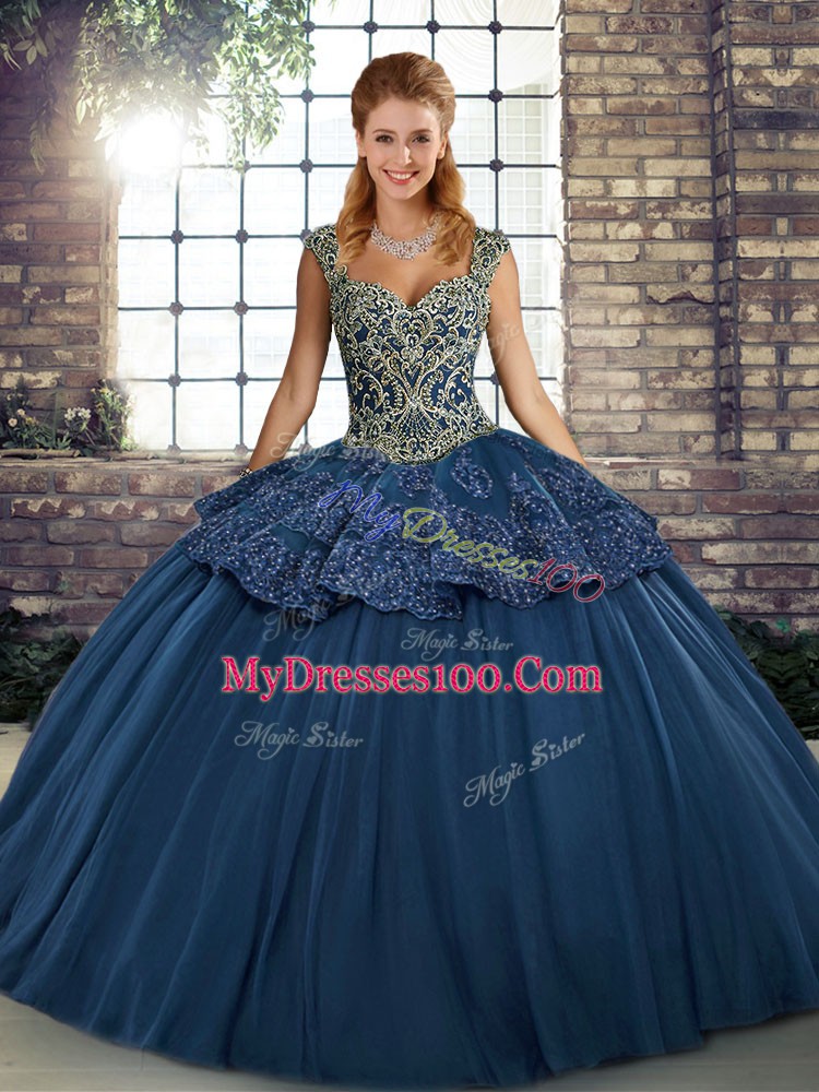 Custom Designed Ball Gowns Vestidos de Quinceanera Navy Blue Straps Tulle Sleeveless Floor Length Lace Up