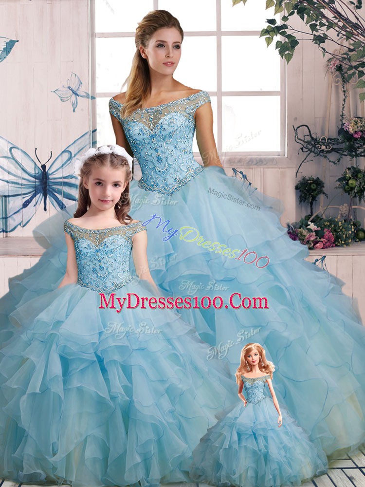 Light Blue Organza Lace Up 15th Birthday Dress Sleeveless Floor Length Beading and Ruffles