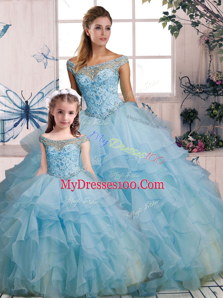 Light Blue Organza Lace Up 15th Birthday Dress Sleeveless Floor Length Beading and Ruffles