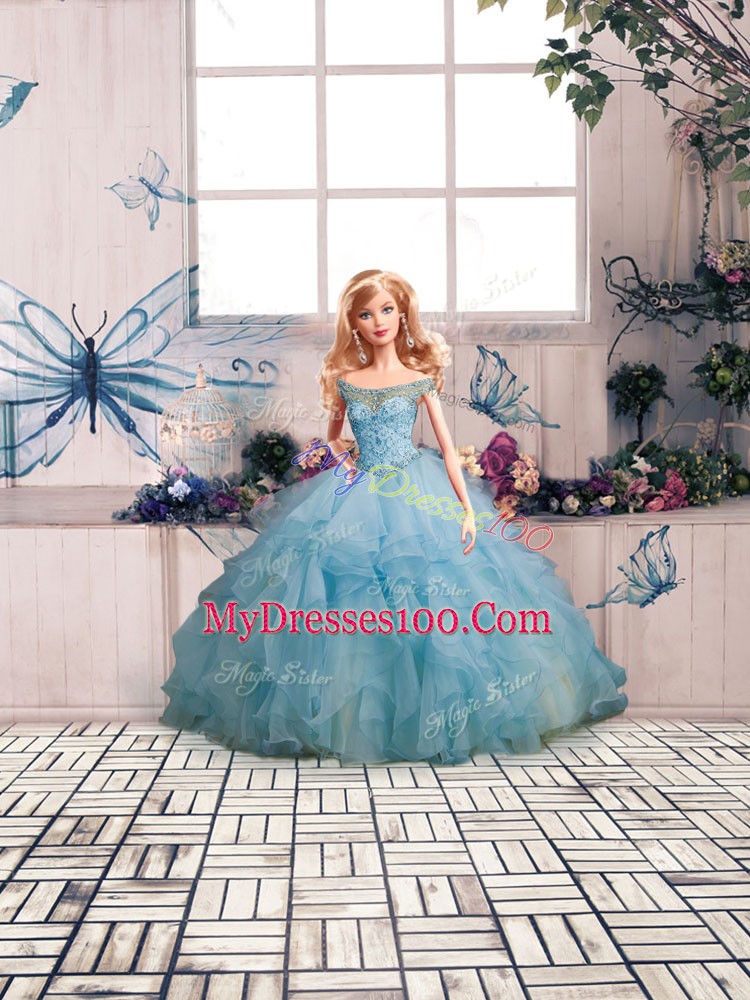 Light Blue Organza Lace Up 15th Birthday Dress Sleeveless Floor Length Beading and Ruffles